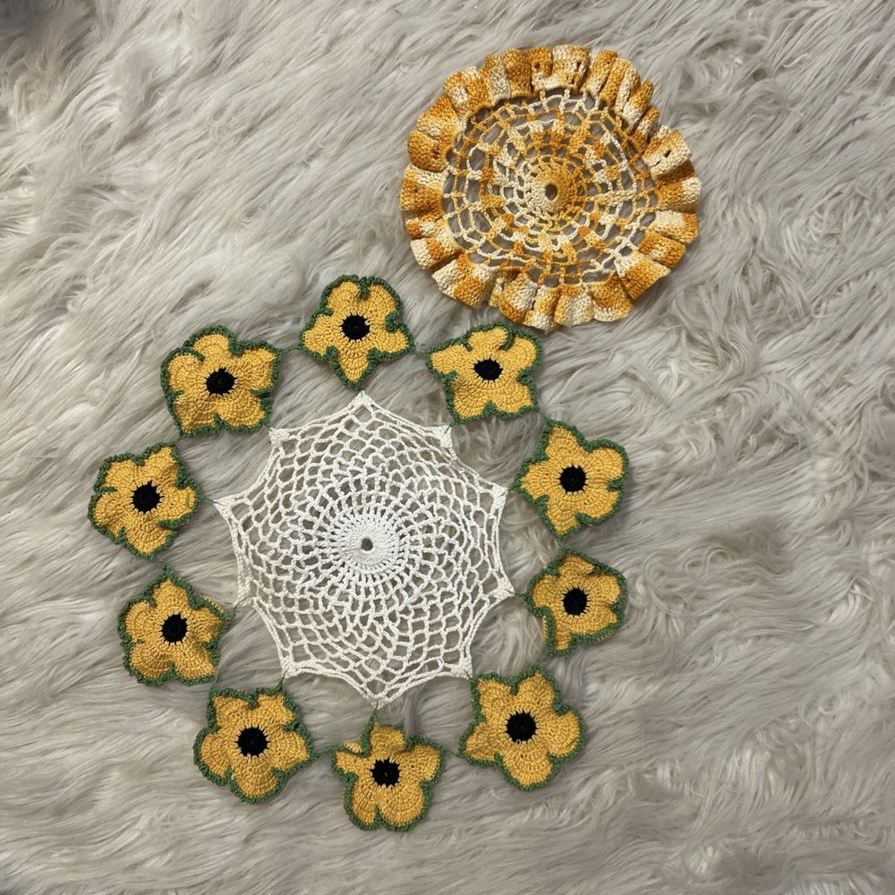 Vintage 2 Handmade Doilies Crocheted Sunflowers Round Yellow Orange Floral